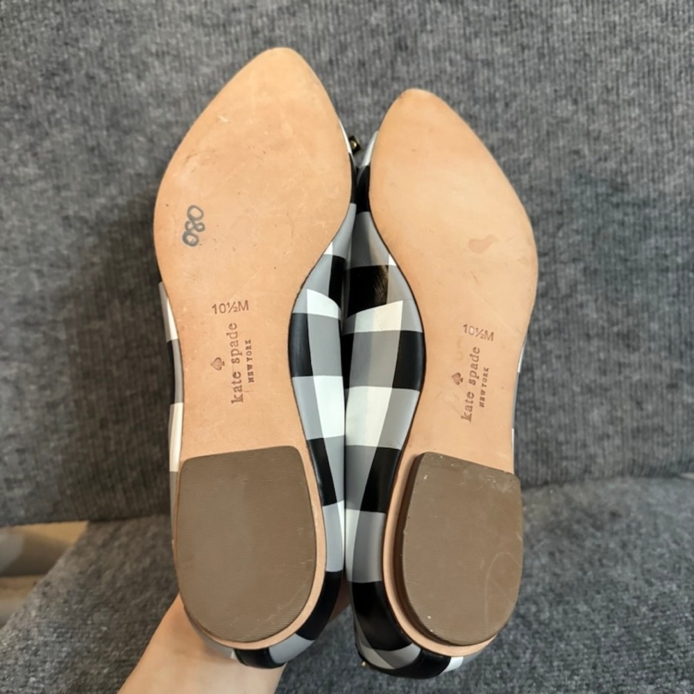 Kate Spade New York Plaid Pointed Toe Ballet Flats Black White Grey Bow 10.5M - Picture 7 of 10